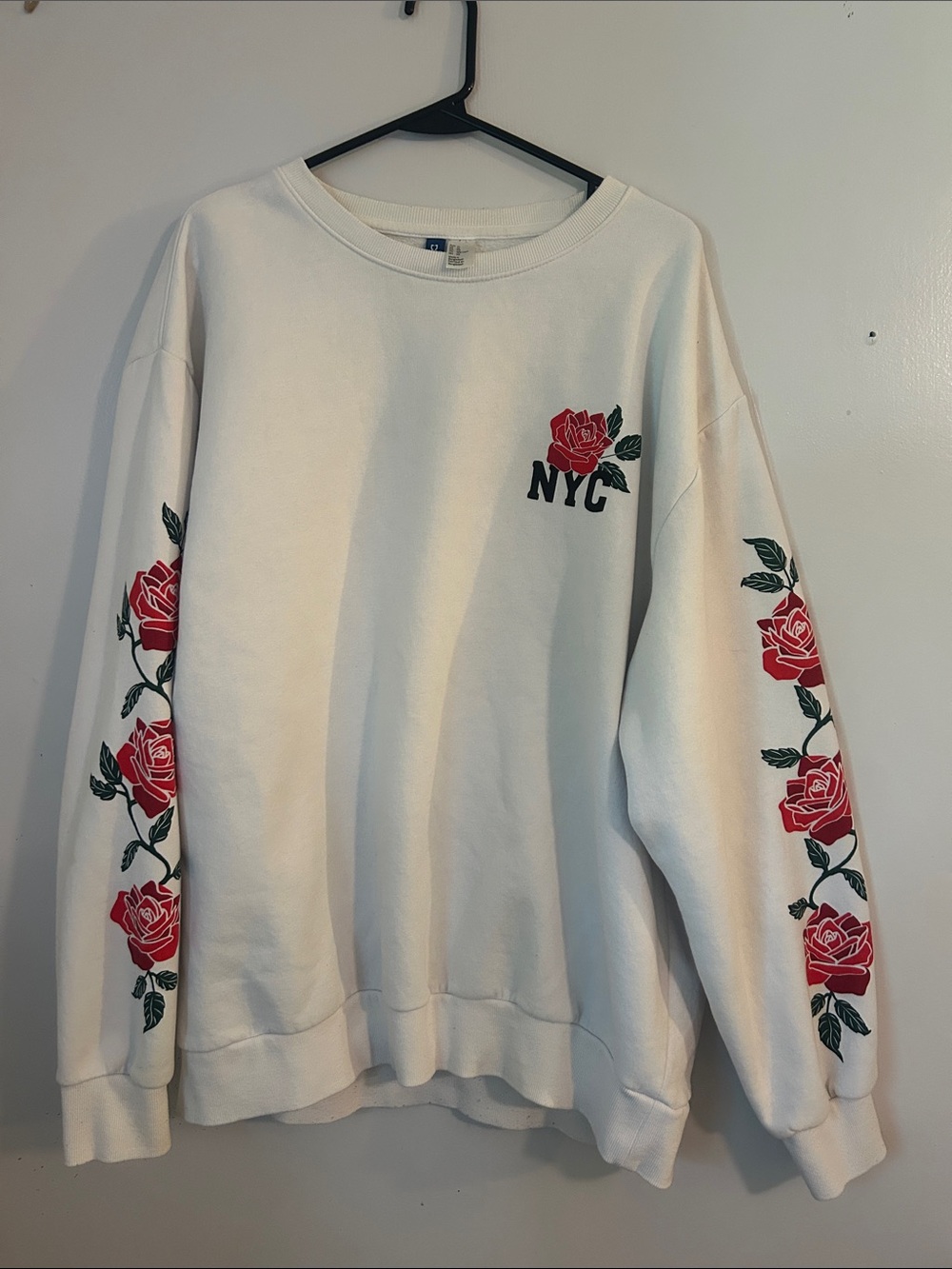 H&M White Crewneck Sweatshirt with Red Rose and NYC Print